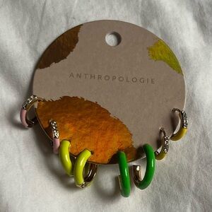 NWT Anthropologie Set of Four Pave Huggie Hoop Earrings Green, Yellow, Pink